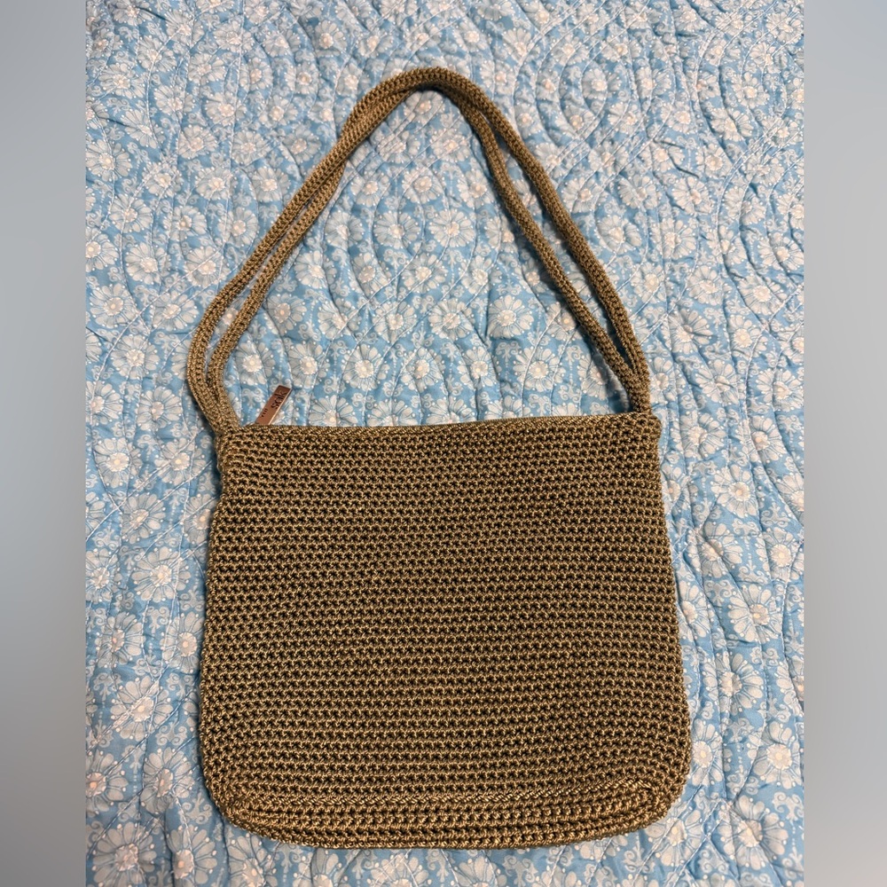 THE SAK moss green crocheted Shoulder Bag;classic